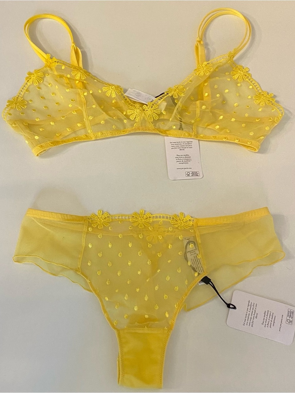 NWT Gorgeous Sheer Embroidered Yellow Mesh Bralette & Bikini Set by ysē